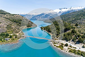 Aerial view of General Carrera bridge, Bertrand Lake and General Carrera Lake - Chile Chico, AysÃÂ©n, Chile photo