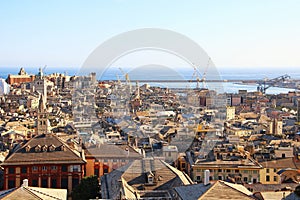 Aerial view of Genoa historic center and port