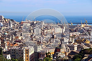 Aerial view of Genoa historic center and port