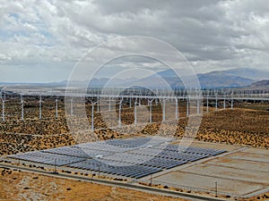 Aerial view of Genuine Energy Farm in the Hot Arid Desert of Palm Springs California