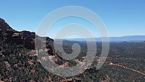 Aerial view of geological formations in Sedona desert town, Arizona, in daylight