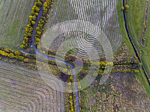 Aerial view on geometric pattern of agricultural fields, road and stream