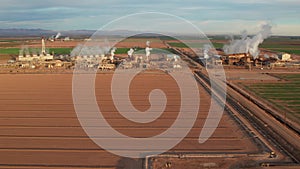 Aerial view of Geothermal Power Plant located among farmland