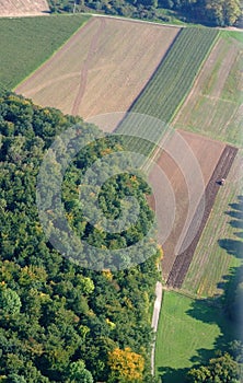 Aerial view of a german forest and meadows