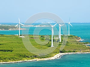 Aerial view of giant wind turbines in Penghu, Taiwan