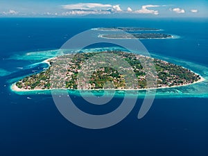 Aerial view with Gili islands and blue ocean. Gili Air, Meno with Trawangan