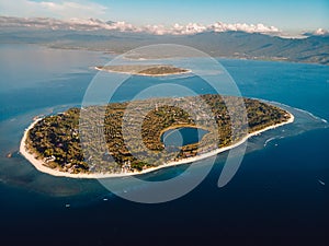 Aerial view of Gili islands and blue ocean. Gili Meno, Gili Air and Lombok island