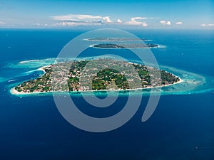 Aerial view with Gili islands and ocean, drone shot. Gili Air, Meno and Trawangan