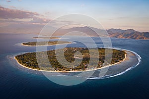 Aerial View of the Gili Islands at Sunset, Lombok, Indonesia photo