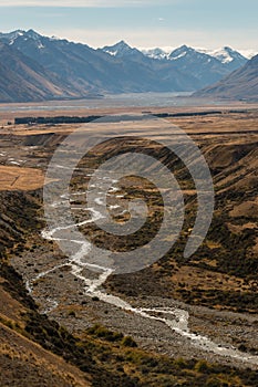 Aerial view of glacial stream in Southern Alps