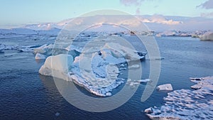 Aerial view of Glacier Lagoon, Jokulsarlon, Iceland, Europe drone flight establishing shot