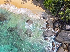 Aerial view of Glacis Beach with palm trees and rocks