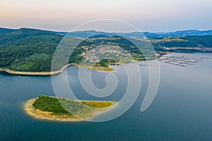 Aerial view of Glavatartsi village at Kardzhali dam in Bulgaria