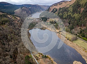 Aerial view of the Glendalough glacial valley in Wicklow Ireland.