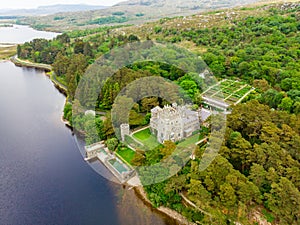 Aerial view of Glenveagh Castle, a large castellated mansion located in Glenveagh National Park