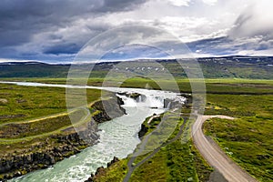Aerial view of the Godafoss waterfall in Iceland