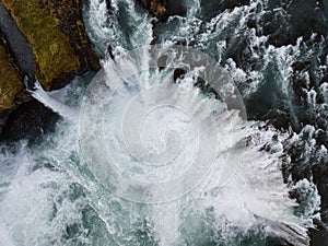 Aerial view of Godafoss waterfall in Iceland. Skyview of an amazing landscape.