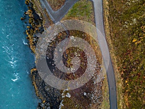 Aerial view of Godafoss waterfall in Iceland. Skyview of an amazing landscape.