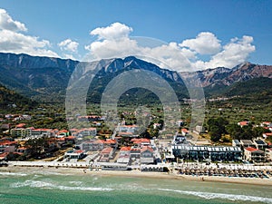 Aerial view of the Golden Beach in Thassos Island , Greece