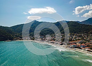 Aerial view of the Golden Beach in Thassos Island , Greece