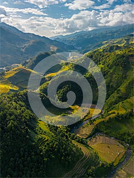Aerial view of golden rice terraces at Mu cang chai town near Sapa city, north of Vietnam. Beautiful terraced rice field in