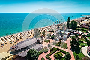 Aerial view of Golden Sands beach resort, Zlatni Piasaci near Varna, Bulgaria