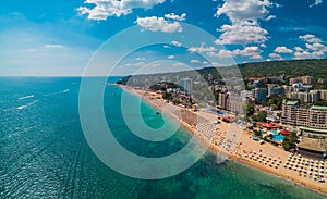 Aerial view of Golden Sands beach resort, Zlatni Piasaci near Varna, Bulgaria