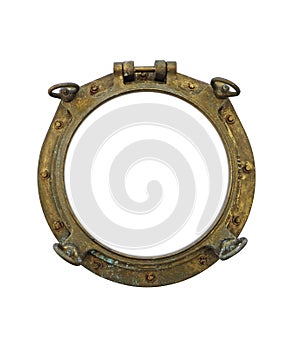 Aerial view Golden ship porthole window isolated on white background. Old brassy ship round window. Brass hole  hinged round