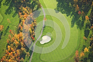 Aerial view of golf course during autumn