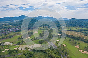 Aerial view of Golf Course Club and hotel resort. Green natural garden park in sport and recreation concept