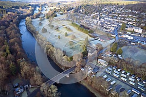 Aerial view of golf course green from above frozen grass in winter at Banchory Aberdeenshire Scotland