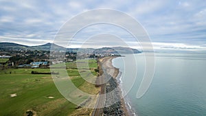 Aerial View of Golf Course, Greystones and Mountains and Irish Sea