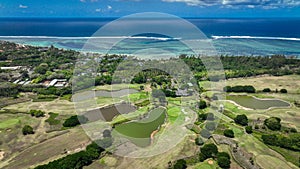 Aerial View of Golf Course Near the Ocean in Mauritius