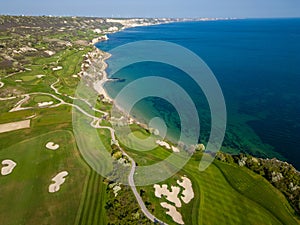 Aerial View of Golf Course by the Sea