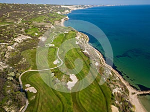 Aerial View of Golf Course by the Sea