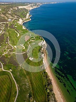 Aerial View of Golf Course by the Sea