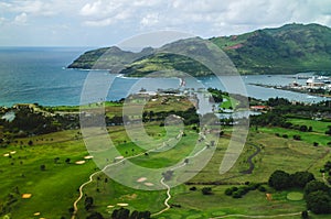 Aerial view of a golf field in the coast of Kauai, US