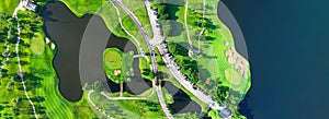 Aerial view of golf field landscape with sunrise view in the morning shot