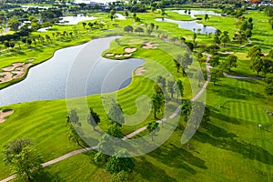 Aerial view of golf field landscape with sunrise view in the morning shot