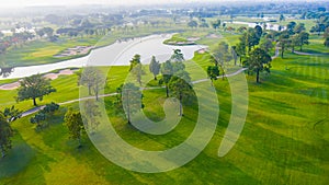 Aerial view of golf field landscape with sunrise view in the morning shot