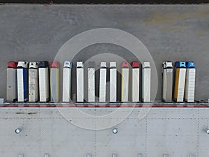 Aerial view of goods warehouse. Logistics center in industrial city zone from above.