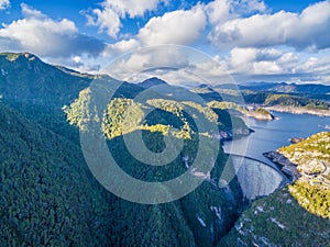 Aerial view of Gordon Dam and lake. Southwest, Tasmania