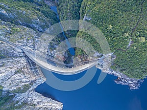 Aerial view of Gordon Dam and lake. Southwest, Tasmania