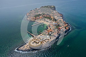 Aerial view of Goree Island. GorÃ©e. Dakar, Senegal. Africa. Photo made by drone from above. UNESCO World Heritage Site