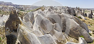 Aerial view of Goreme National Park, Goreme Tarihi Milli Parki, Turkey. The typical rock formations of Cappadocia photo