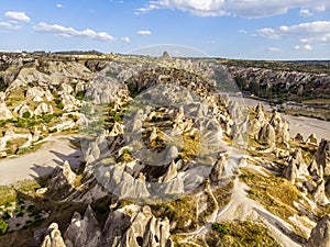 Aerial view of Goreme National Park, Goreme Tarihi Milli Parki, Turkey. The typical rock formations of Cappadocia photo