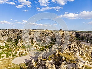 Aerial view of Goreme National Park, Goreme Tarihi Milli Parki, Turkey. The typical rock formations of Cappadocia photo
