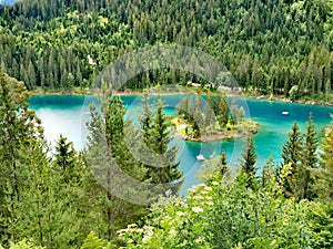 Aerial view of the gorgeous Caumasee lake in Switzerland photo