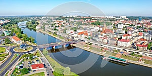 Aerial view of GorzÃÂ³w Wielkopolski town city panorama at river Warta in Poland