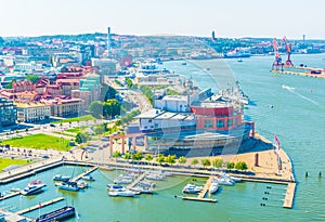 Aerial view of the goteborg opera building situated next to a marina in Sweden...IMAGE